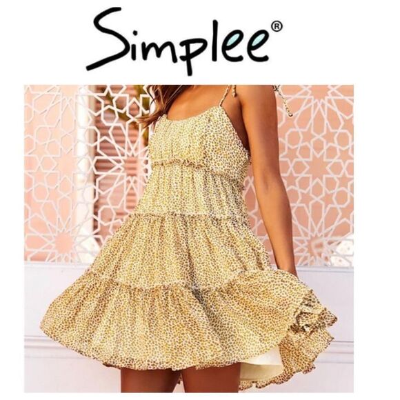 NWT Simplee Cottagecore Tiered Ruffle Cheetah Print Sundress -Juniors Large - Picture 1 of 12
